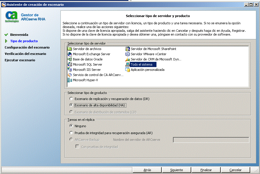 pantalla seleccionar tipo de producto de asistente de creación de escenario