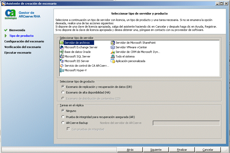 seleccione el tipo de producto para un escenario de DR de la nube de RHA