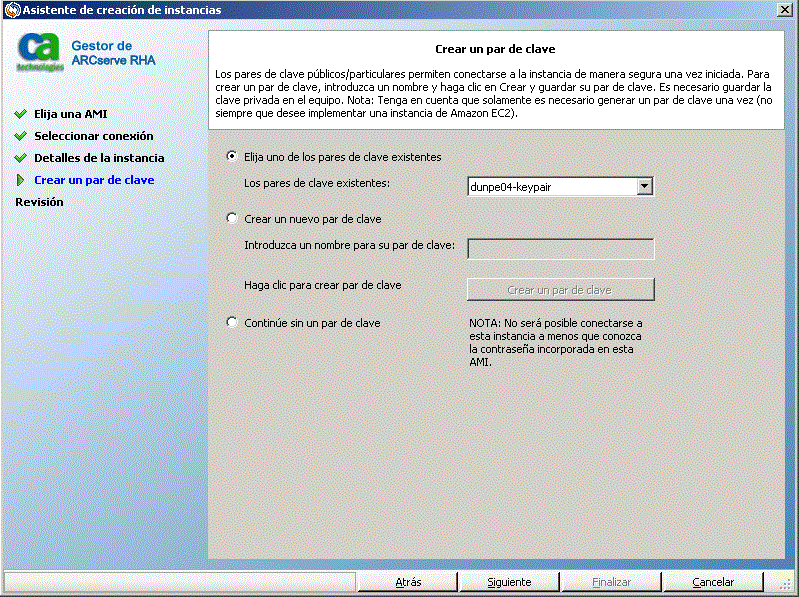 cree un par de clave nuevo o seleccione un par clave existente para conectarse de manera segura a la instancia