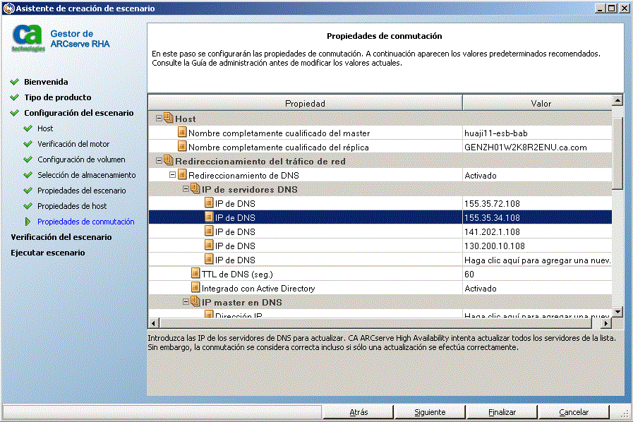 Ejemplo de las propiedades de la nube que se especifican en el cuadro de diálogo Propiedades de conmutación