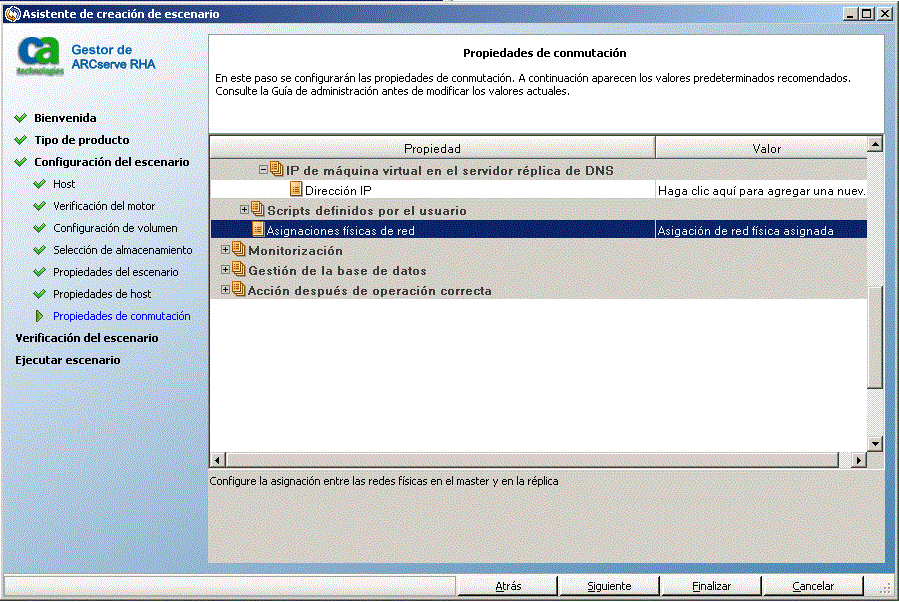 Ejemplo de las propiedades de la nube que se especifican en el cuadro de diálogo Propiedades de conmutación