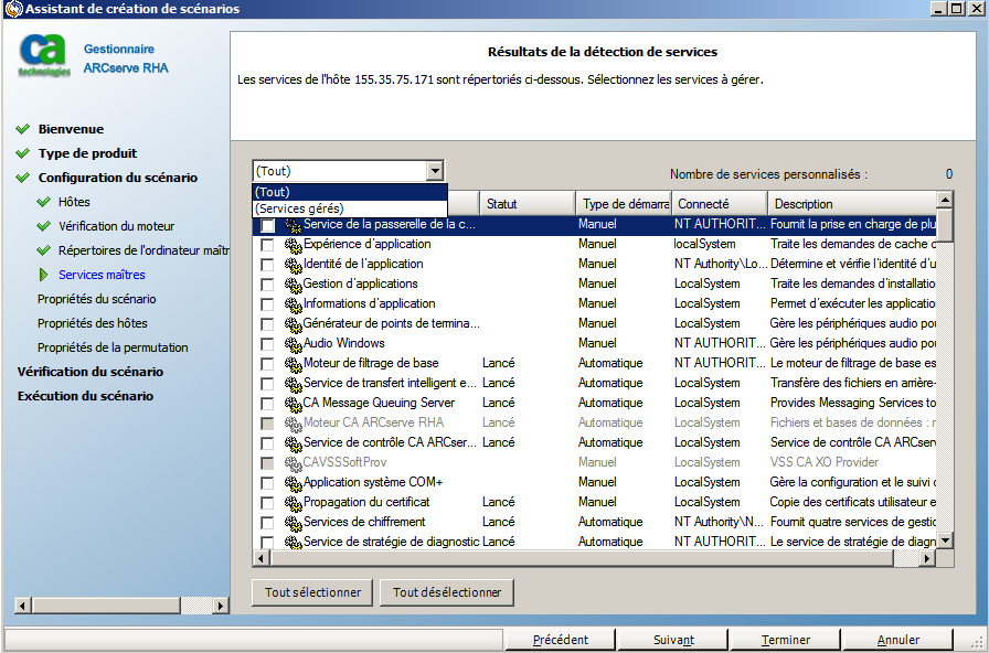 Fenêtre Résultats de la détection de services indiquant les filtres installés