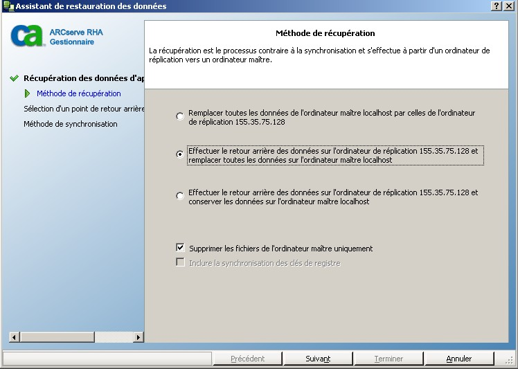 Fenêtre Méthode de récupération contenant l'option de retour arrière des données sur l'ordinateur de réplication