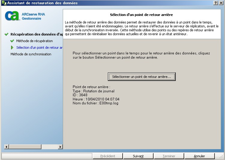 Fenêtre de sélection de point de retour arrière