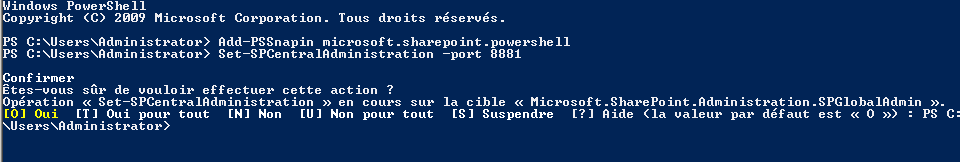 Interface PowerShell affichant la confirmation