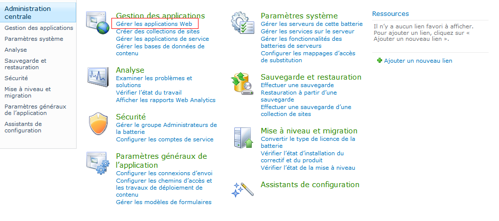 Administration centrale affichant l'option de gestion des applications Web
