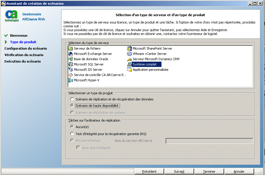 Fenêtre de sélection du type de produit de l'assistant de création de scénarios