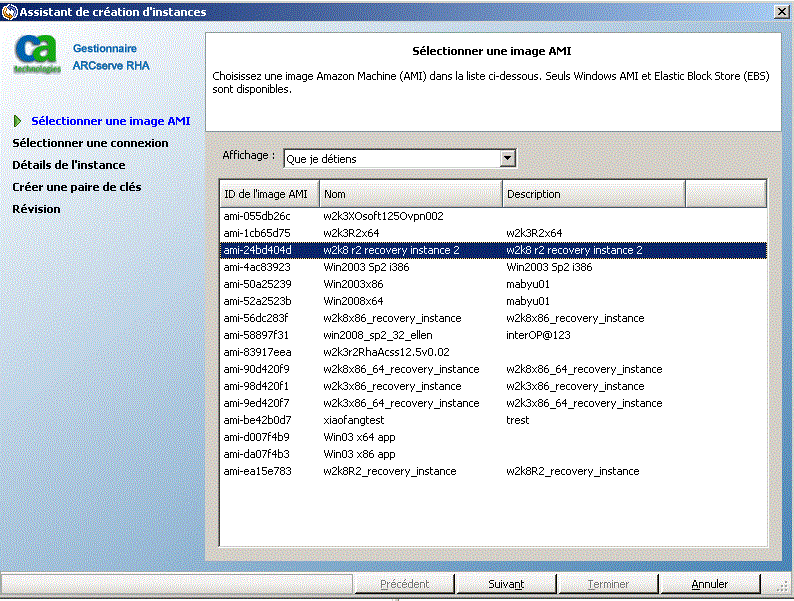 Sélection d'une image AMI dans l'assistant de création d'instances