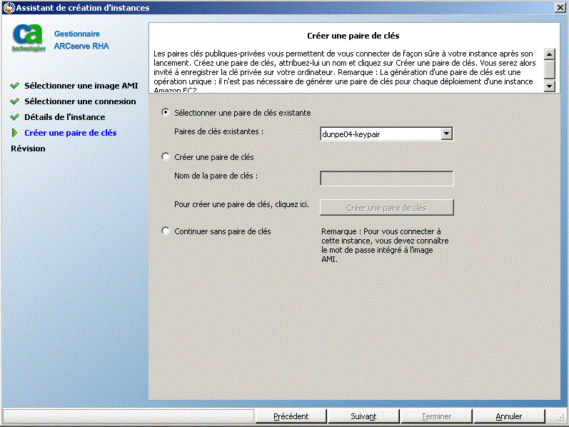 Création ou sélection d'une paire de clés existante pour la connexion sécurisée à l'instance