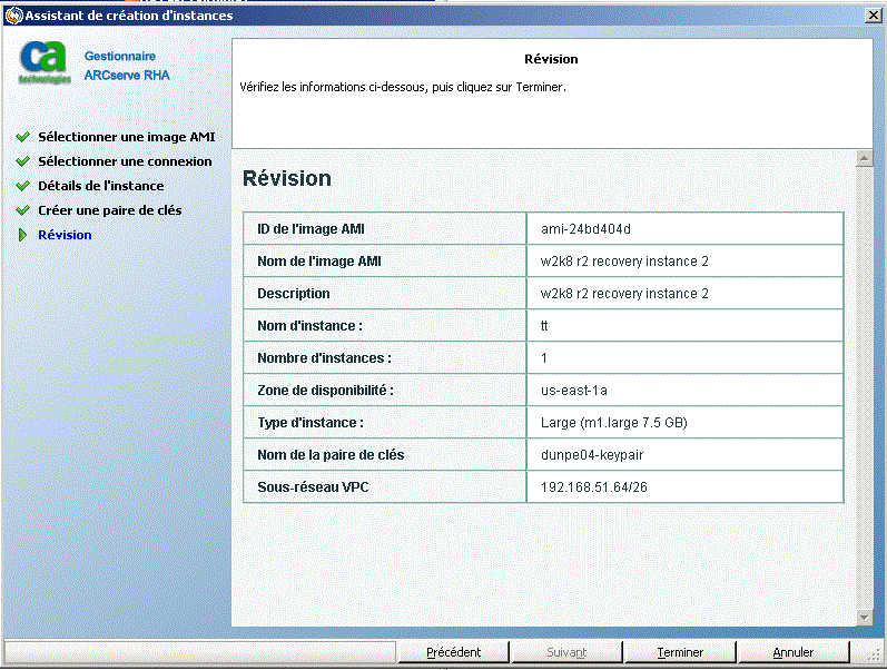 Vérification de vos sélections dans l'assistant de création d'instances