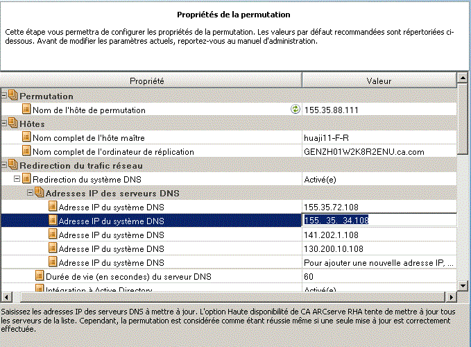 Exemple de propriétés cloud spécifiées dans la boîte de dialogue Propriétés de la permutation.
