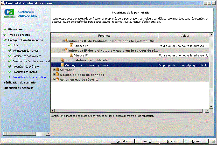 Exemple de propriétés cloud spécifiées dans la boîte de dialogue Propriétés de la permutation.
