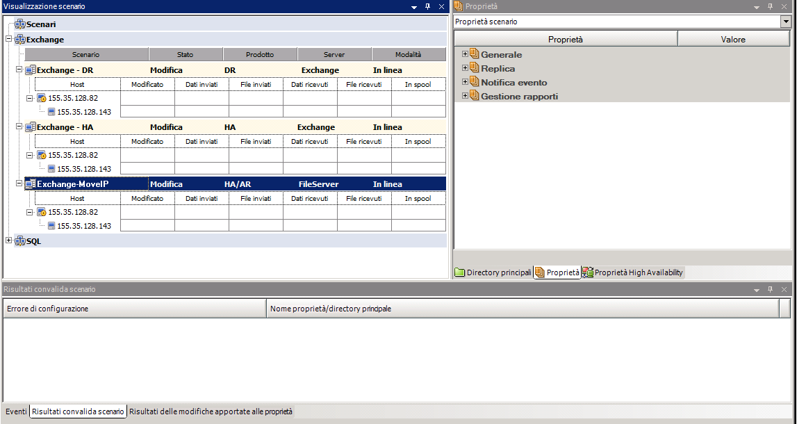 Scheda Proprietà per l'esecuzione dello scenario Exchange
