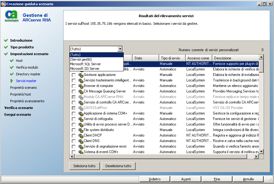 Schermata Risultati del rilevamento servizi con filtri installati