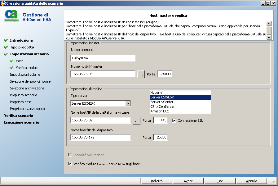Selezione di un tipo di server indicante ESX