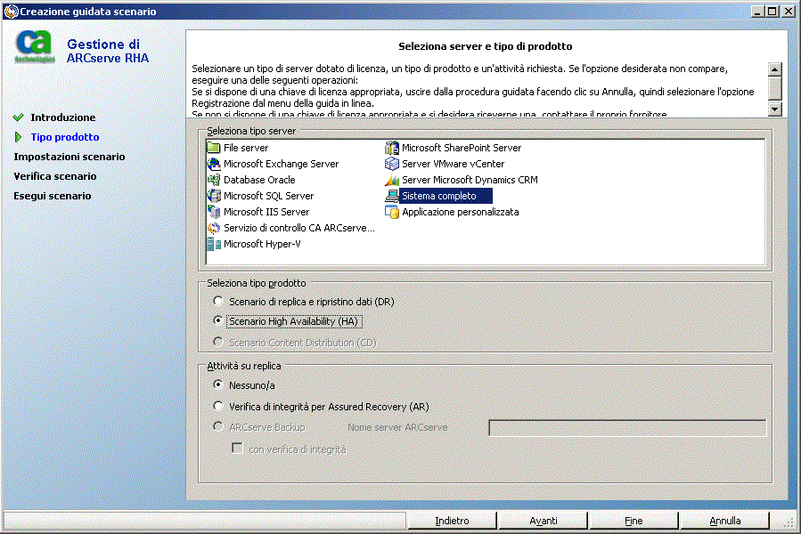 Schermata di selezione del tipo di prodotto della Creazione guidata scenario