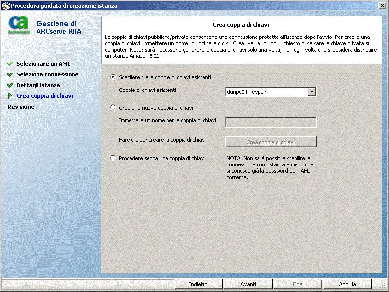 Selezione di una coppia di chiavi esistente o creazione di una nuova coppia di chiavi per la connessione protetta all'istanza
