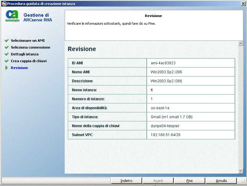 Verifica delle selezioni nella Procedura guidata di creazione istanza