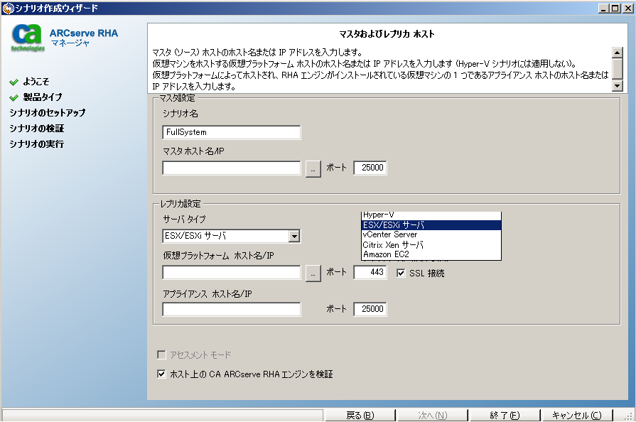 ESX を表示する［サーバ タイプ］が選択されました