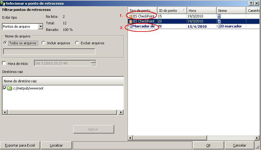 Selecionar pontos de retrocesso para o servidor do IIS