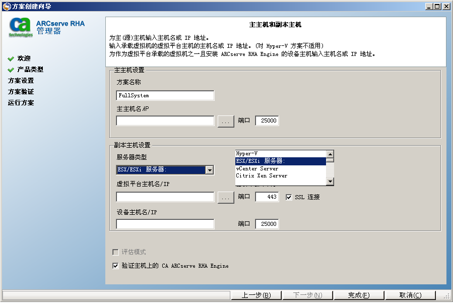 服务器类型显示 ESX 被选择