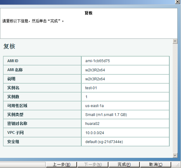 在实例创建向导中复查您的选择