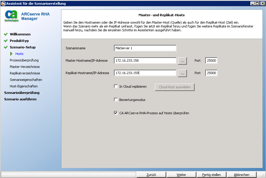 Geben Sie die Server in einem Szenario auf dem Master- und Replikat-Host-Bildschirm an