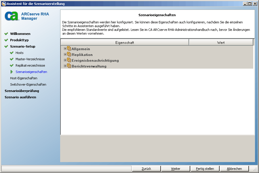 "Szenario-Eigenschaften" wird geöffnet.