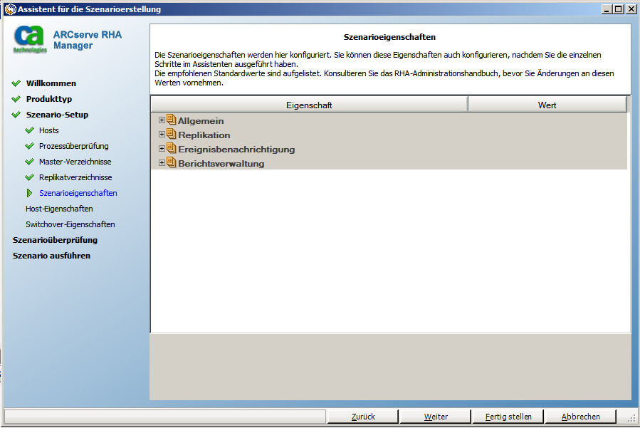 Der Bildschirm "Szenarioeigenschaften" wird geöffnet.