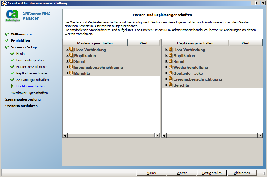 Die Master- und Replikateigenschaften gelten lediglich für Host-Server.