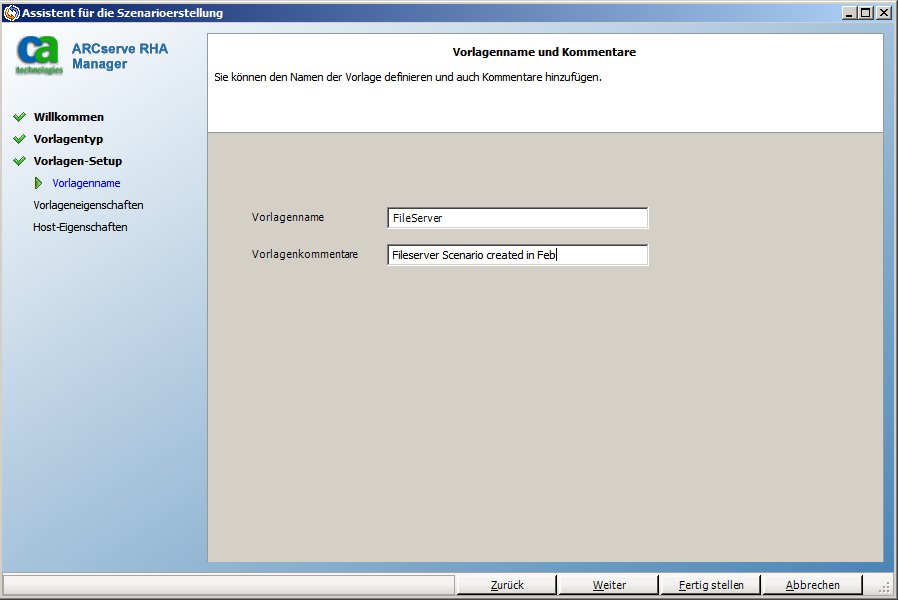 Der Bildschirm "Vorlagenname" wird geöffnet.