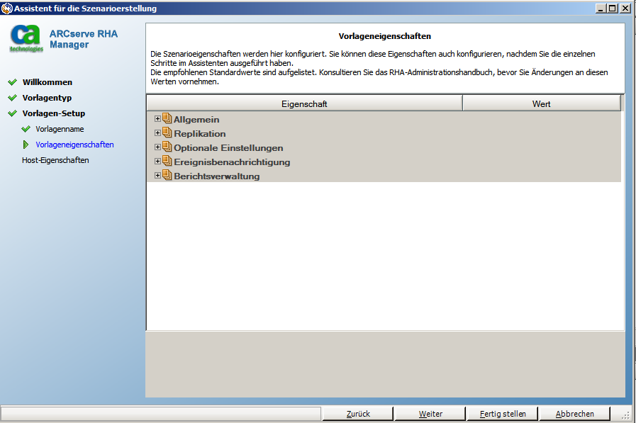 Legen Sie die Eigenschaften der Vorlage fest, wie Sie es für ein Szenario tun würden