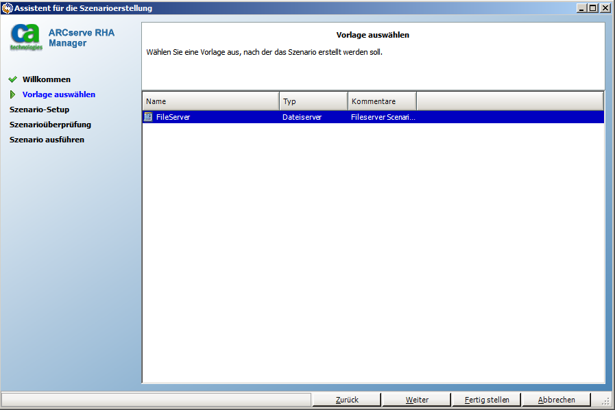 Wählen Sie die Vorlage aus, auf der dieses Szenario basieren soll