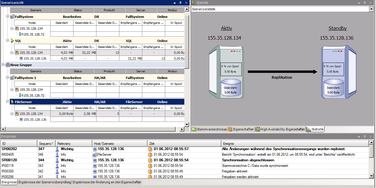 Die Registerkarte "Statistiken" wird angezeigt, wenn ein Szenario ausgeführt wird