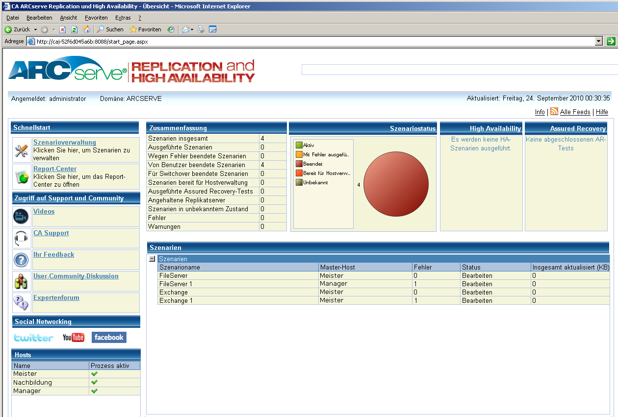 CA ARCserve RHA-Übersichtsseite
