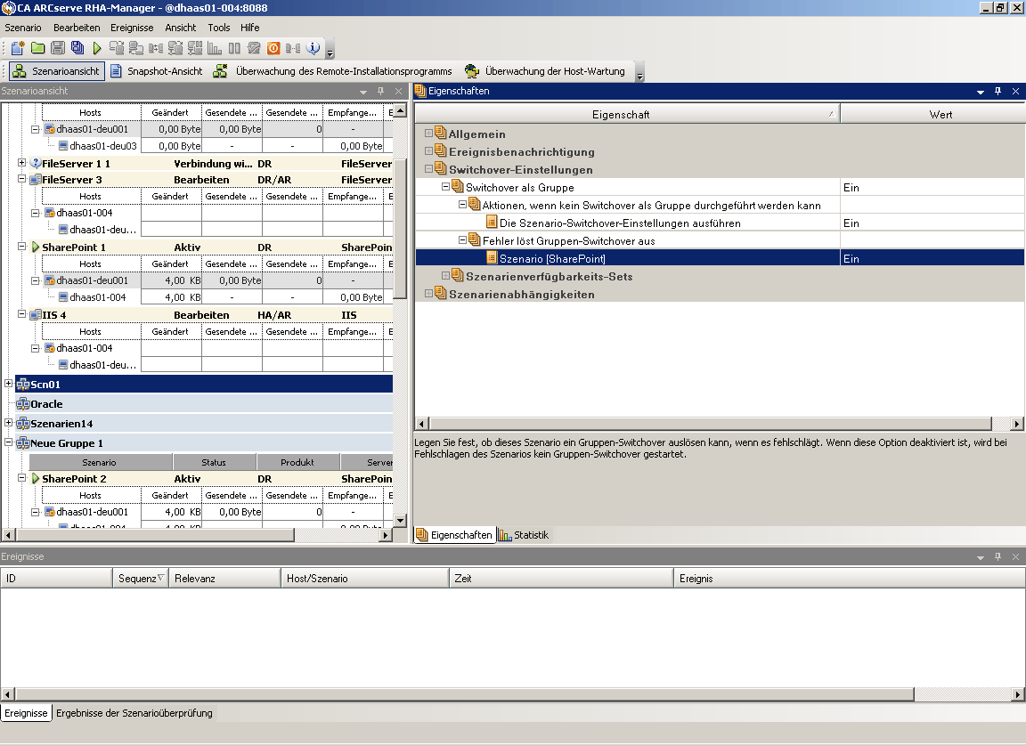 Legen Sie Switchover-Optionen für alle Szenarien in der Gruppe fest