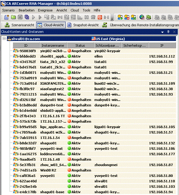 Bereich der RHA-Cloud-Ansicht - Der linke Bereich zeigt AWS-Konten und Instanzen an