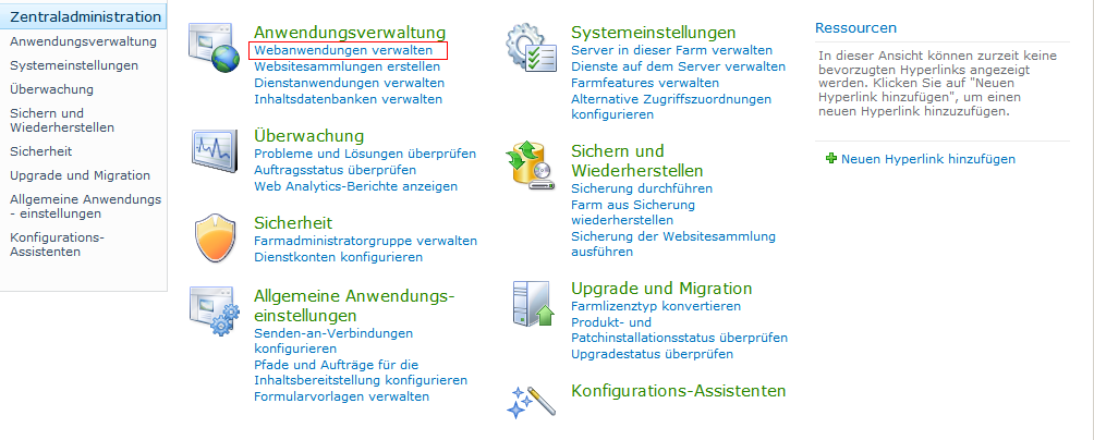 Zentralverwaltung mit hervorgehobener Option "Webanwendungen verwalten"