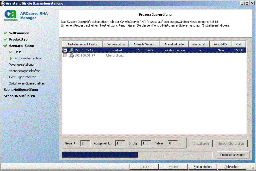 Prozessinstallation wird während der Szenarioerstellung im Dialogfeld "Prozessüberprüfung" überprüft
