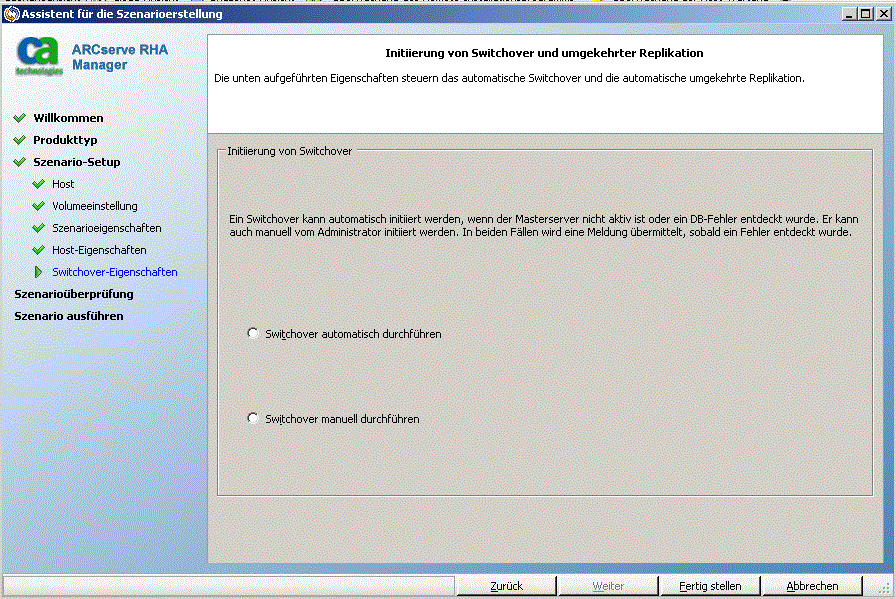 Treffen Sie eine Auswahl für automatische oder manuelle Switchover