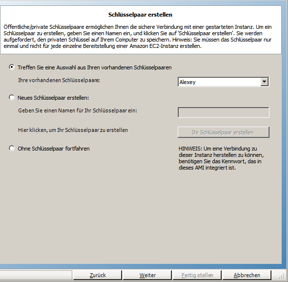 Erstellen Sie ein neues Schlüsselpaar oder wählen Sie ein vorhandenes Schlüsselpaar aus, um eine sichere Verbindung zur Instanz herzustellen