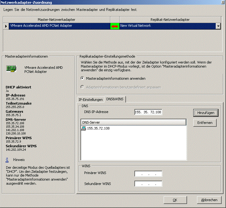 Geben Sie Master- und Replikat-Netzwerkadapter an