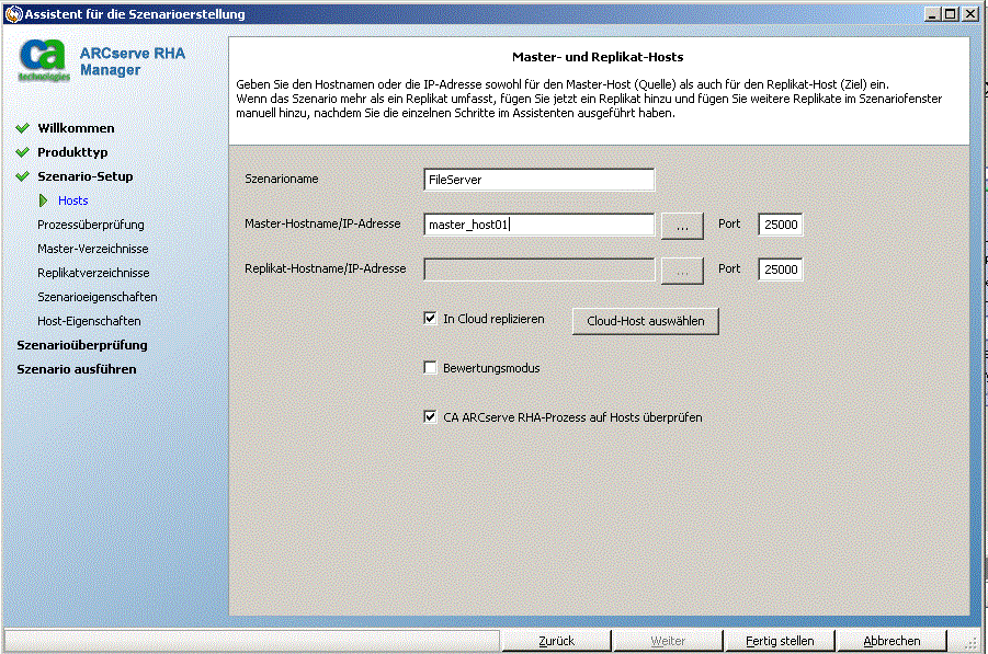 Wählen Sie das Kontrollkästchen "In Cloud replizieren" aus, und klicken Sie auf die Schaltfläche "Cloud-Host auswählen", um eine EC2-Replikatinstanz für Datenreplikation anzugeben