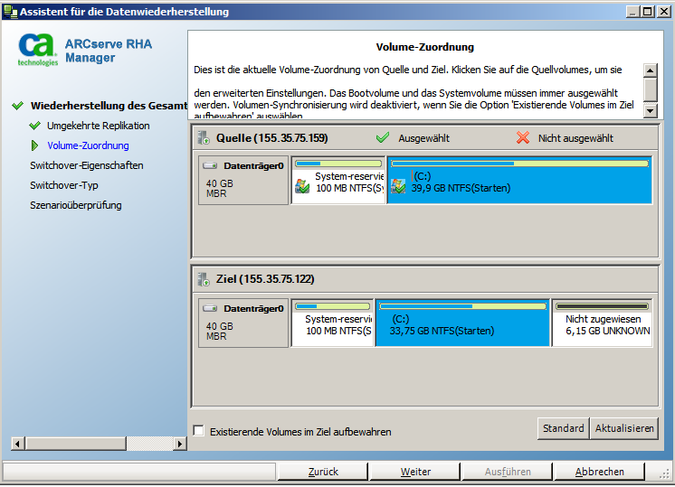 Assistent zur Datenwiederherstellung - Fenster "Volume-Zuordnung"