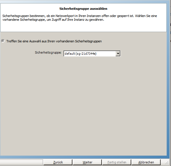 Sicherheitsgruppe im Assistent für die Instanzenerstellung