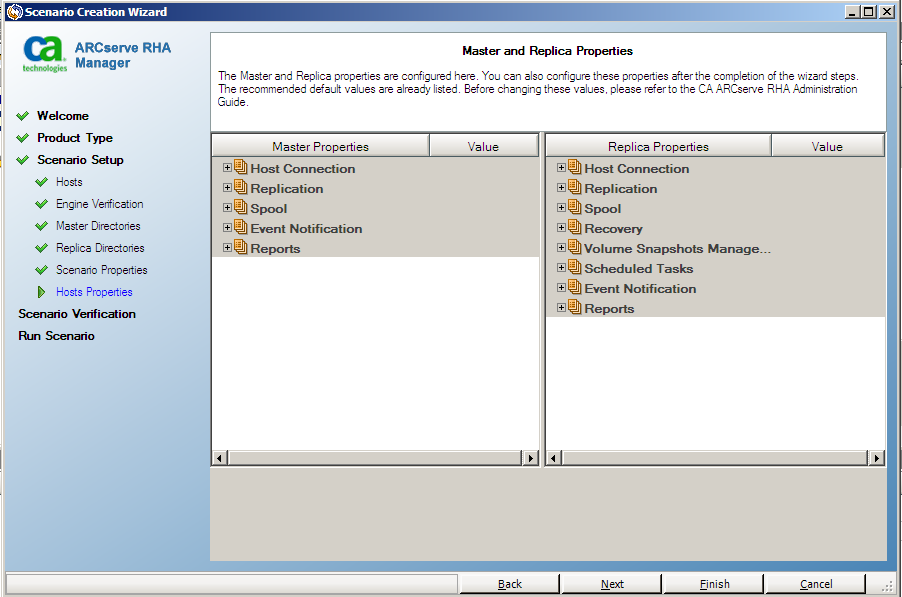 The master and replica properties screen opens