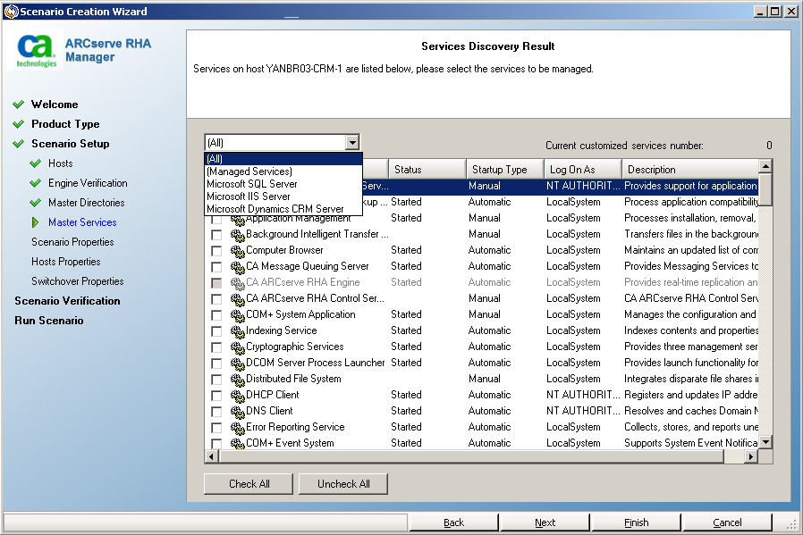 Services Discovery Result screen showing filters installed