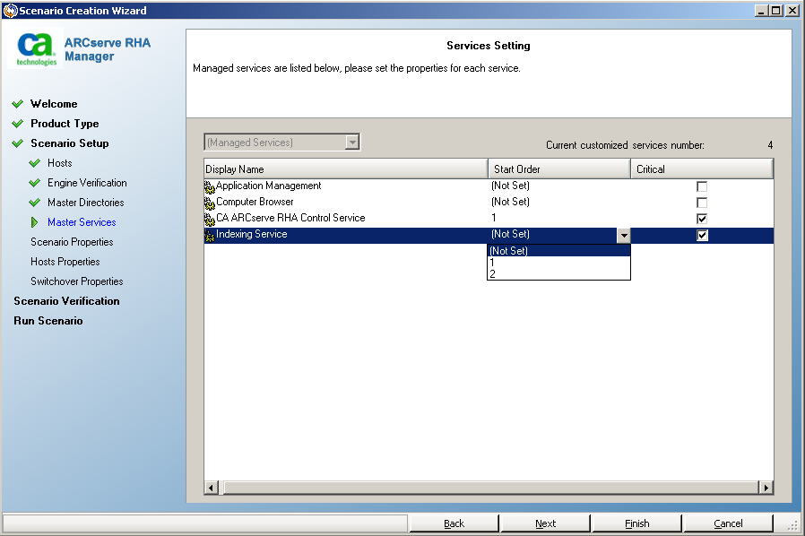 Services Setting screen showing Start Order