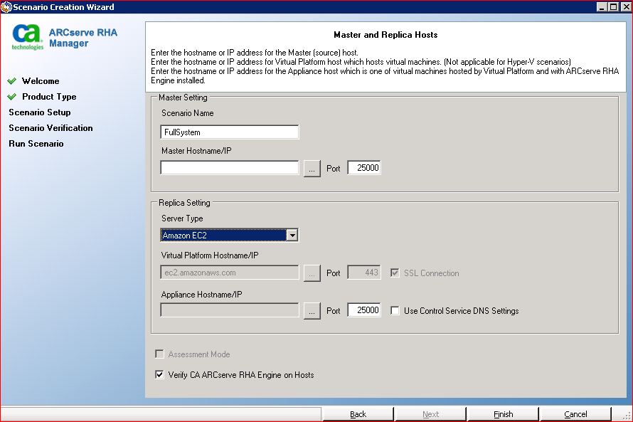 scenario creation wizard select master and replica hosts