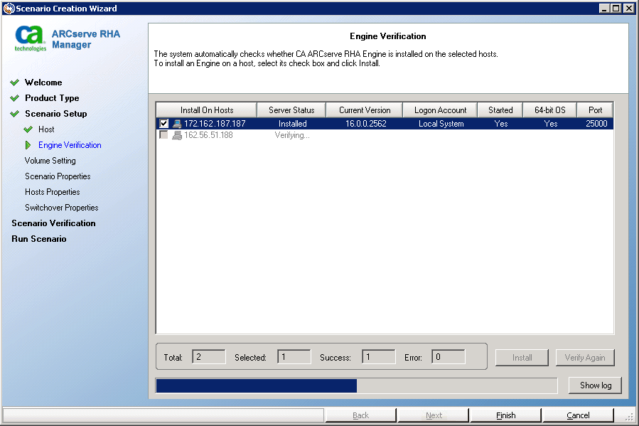 Verifying engine installation in the engine verification dialog during scenario creation